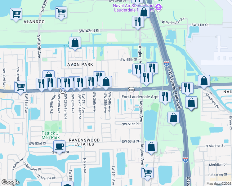 map of restaurants, bars, coffee shops, grocery stores, and more near 2333 Griffin Road in Fort Lauderdale