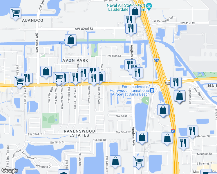 map of restaurants, bars, coffee shops, grocery stores, and more near 2333 Griffin Road in Fort Lauderdale
