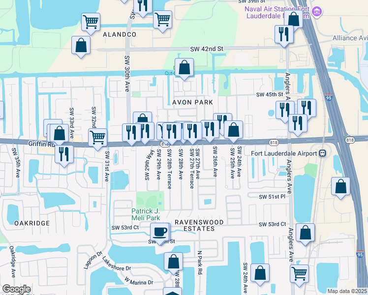 map of restaurants, bars, coffee shops, grocery stores, and more near 2765 Griffin Road in Fort Lauderdale