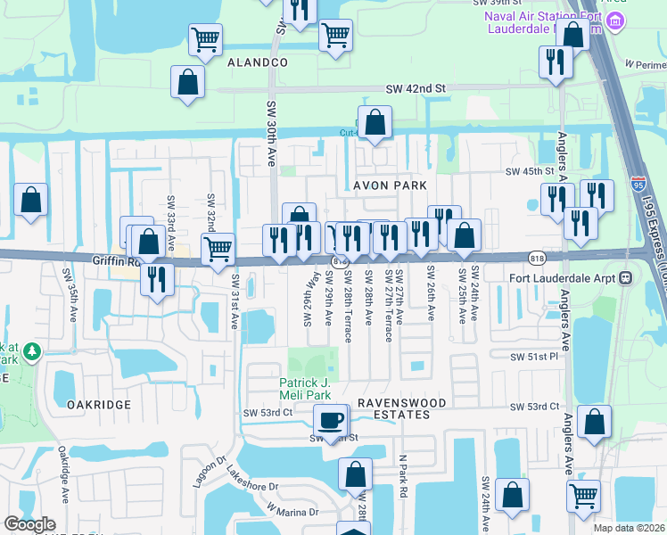 map of restaurants, bars, coffee shops, grocery stores, and more near 2851 Florida 818 in Fort Lauderdale