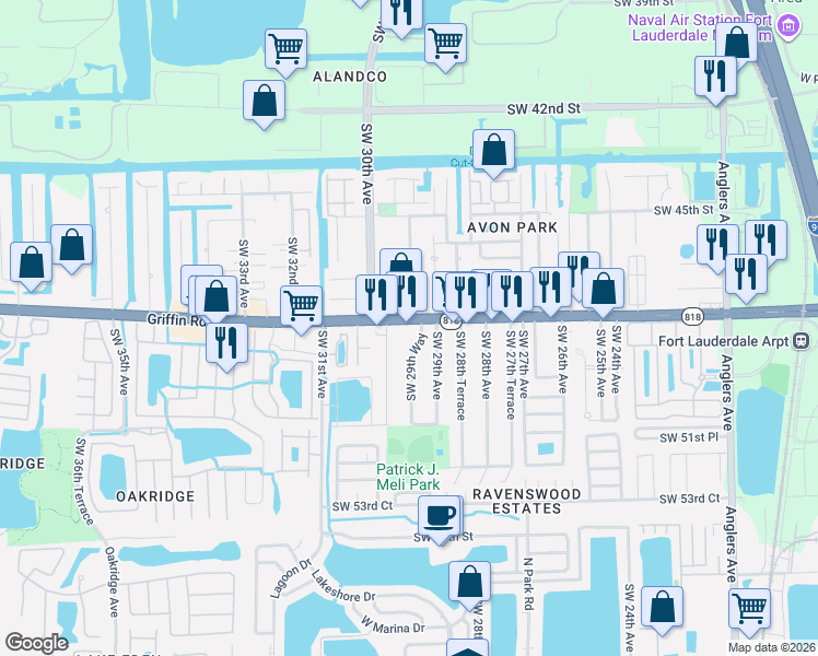 map of restaurants, bars, coffee shops, grocery stores, and more near 2950 Florida 818 in Fort Lauderdale