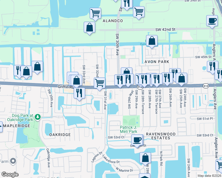 map of restaurants, bars, coffee shops, grocery stores, and more near 3091 Griffin Road in Fort Lauderdale