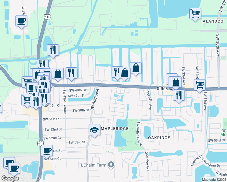 map of restaurants, bars, coffee shops, grocery stores, and more near 3840 Southwest 48th Avenue in Hollywood