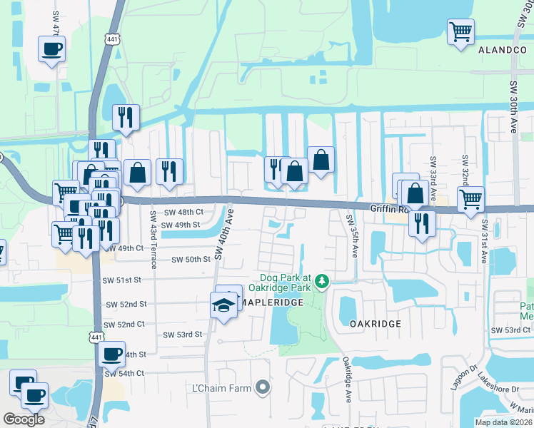 map of restaurants, bars, coffee shops, grocery stores, and more near 3840 Southwest 48th Avenue in Hollywood
