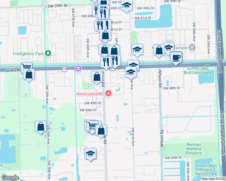 map of restaurants, bars, coffee shops, grocery stores, and more near 6250 Southwest 47th Court in Davie
