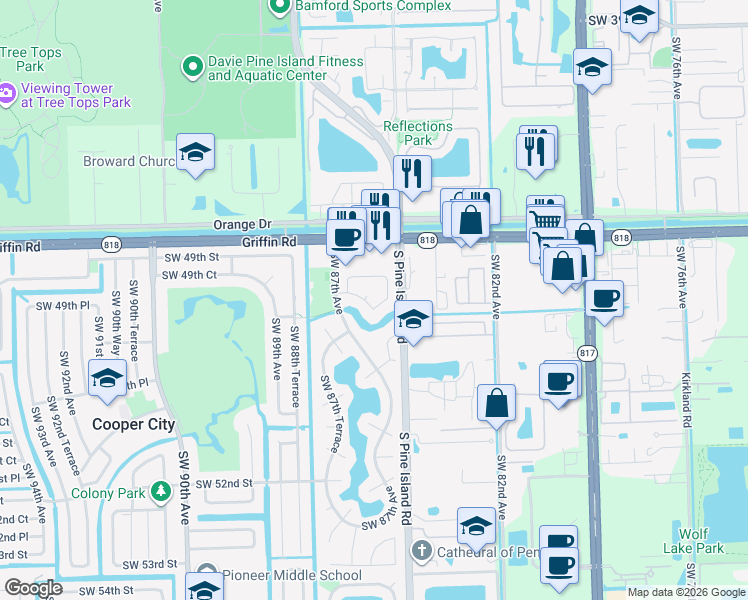 map of restaurants, bars, coffee shops, grocery stores, and more near 8677 Southwest 50th Street in Cooper City