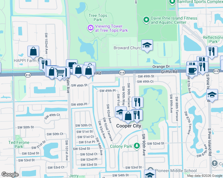 map of restaurants, bars, coffee shops, grocery stores, and more near 9140 Southwest 49th Street in Cooper City