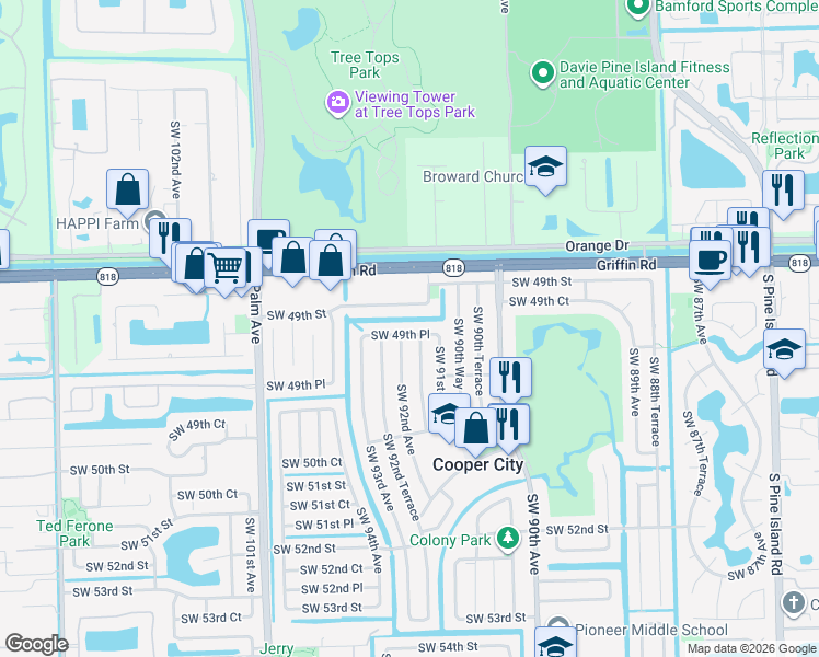 map of restaurants, bars, coffee shops, grocery stores, and more near 9140 Southwest 49th Street in Cooper City
