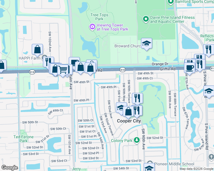 map of restaurants, bars, coffee shops, grocery stores, and more near 9240 Southwest 49th Street in Cooper City