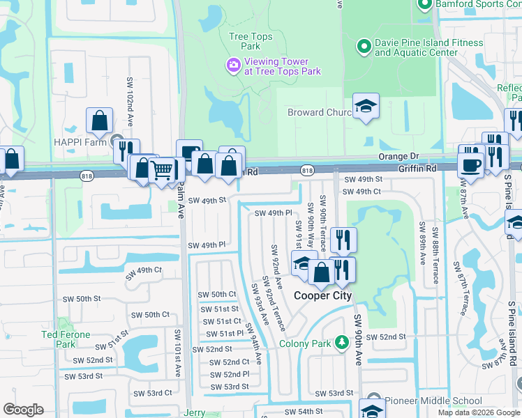 map of restaurants, bars, coffee shops, grocery stores, and more near 9240 Southwest 49th Street in Cooper City