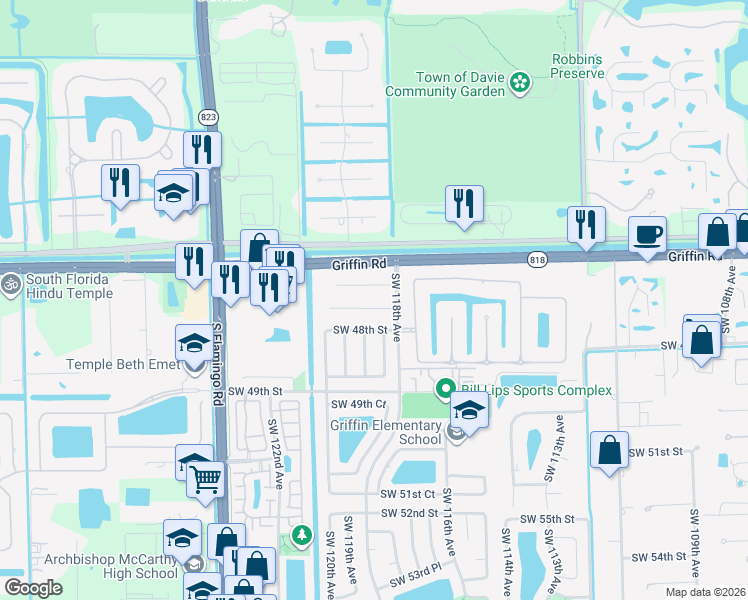 map of restaurants, bars, coffee shops, grocery stores, and more near 11880 Southwest 47th Street in Cooper City