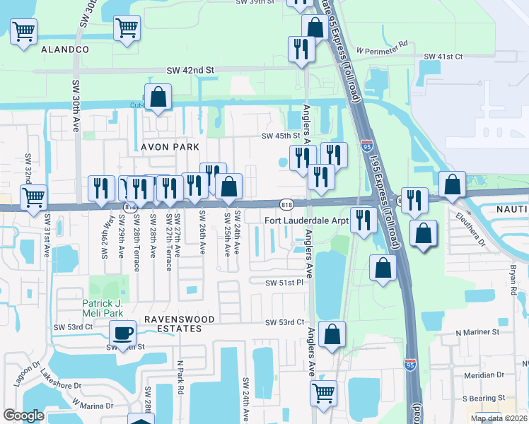 map of restaurants, bars, coffee shops, grocery stores, and more near 2231 Florida 818 in Fort Lauderdale