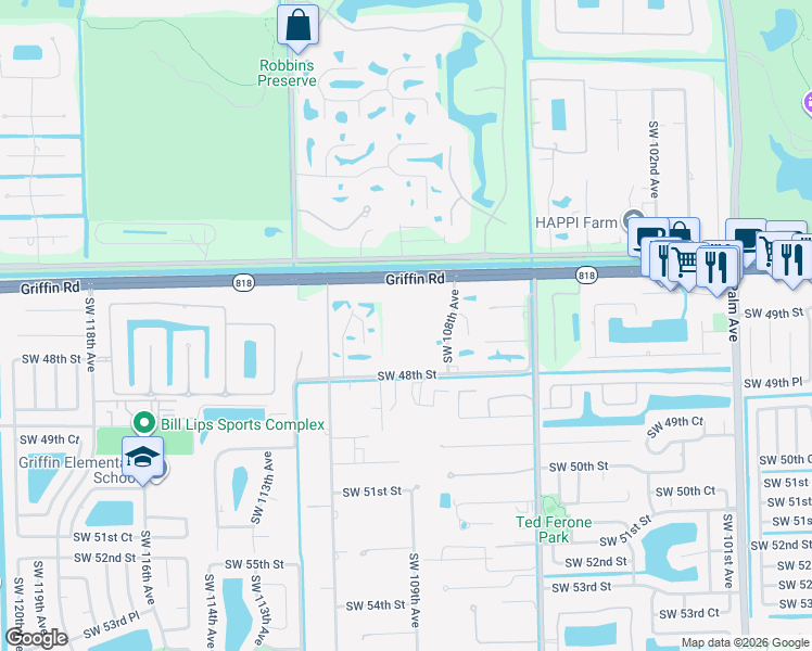 map of restaurants, bars, coffee shops, grocery stores, and more near 11000 Southwest 48th Street in Davie