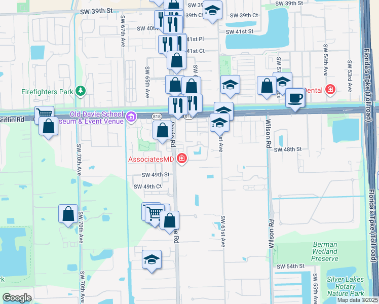 map of restaurants, bars, coffee shops, grocery stores, and more near 6250 Southwest 47th Court in Davie
