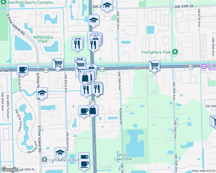 map of restaurants, bars, coffee shops, grocery stores, and more near 4792 Sundance Way in Davie