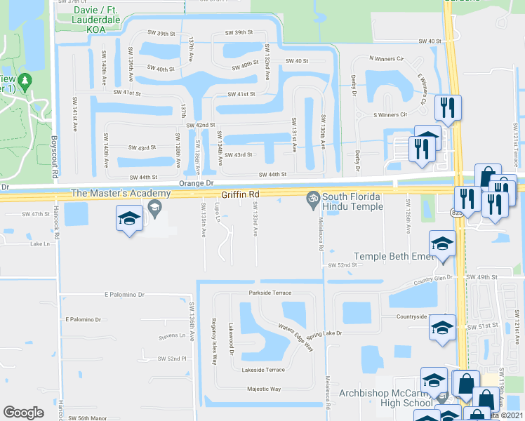 map of restaurants, bars, coffee shops, grocery stores, and more near 4510 Southwest 133rd Avenue in Southwest Ranches