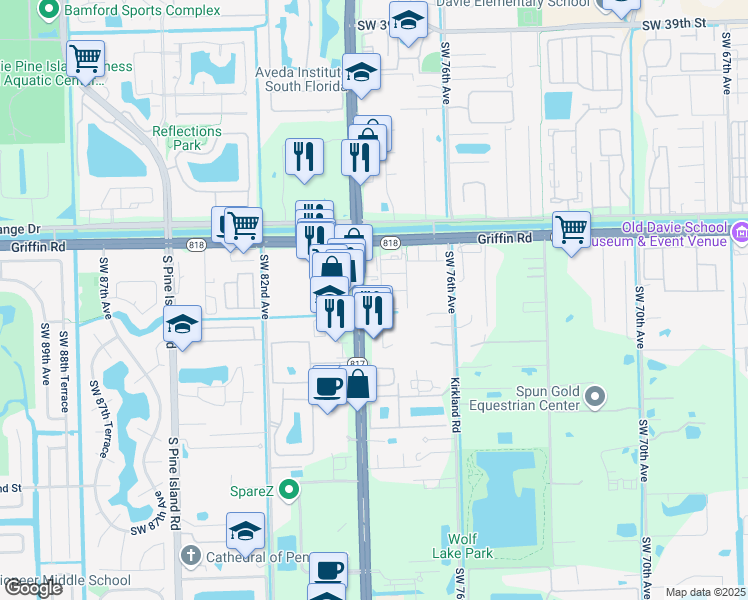 map of restaurants, bars, coffee shops, grocery stores, and more near 4675 Southwest 78th Avenue in Davie