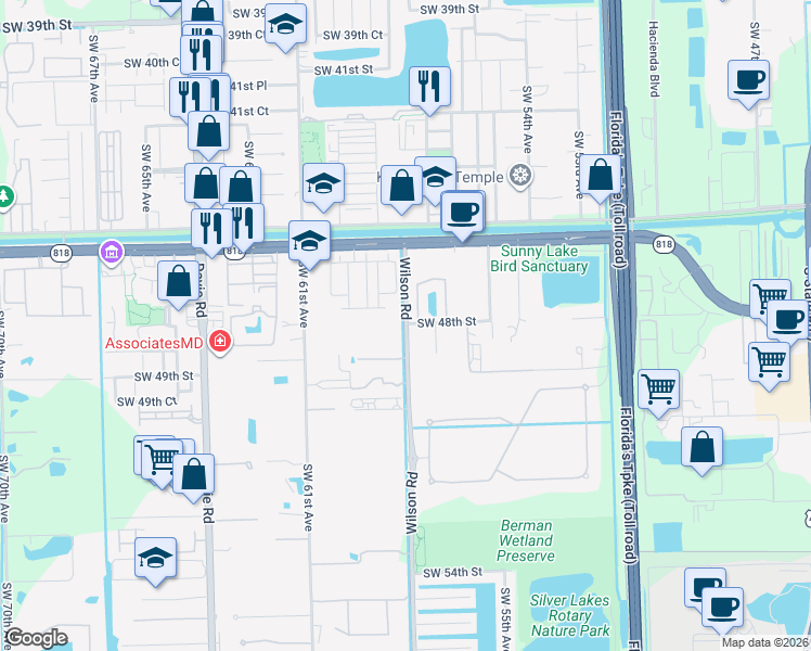 map of restaurants, bars, coffee shops, grocery stores, and more near 4771 Southwest 57th Terrace in Davie