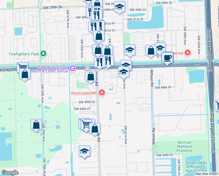 map of restaurants, bars, coffee shops, grocery stores, and more near 6250 Southwest 47th Court in Davie