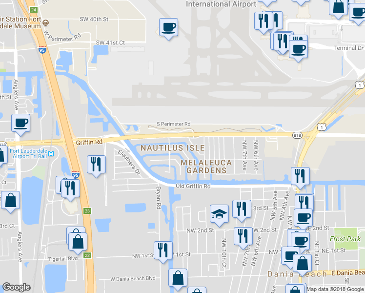 map of restaurants, bars, coffee shops, grocery stores, and more near 970 Nautilus Isle in Dania Beach