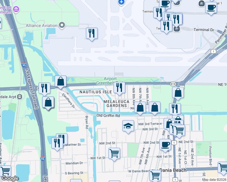 map of restaurants, bars, coffee shops, grocery stores, and more near 817 Northwest 12th Avenue in Dania Beach