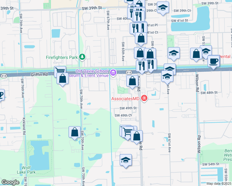 map of restaurants, bars, coffee shops, grocery stores, and more near 4728 Southwest 66th Terrace in Davie