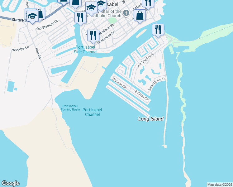 map of restaurants, bars, coffee shops, grocery stores, and more near 42 West Scallop in Port Isabel