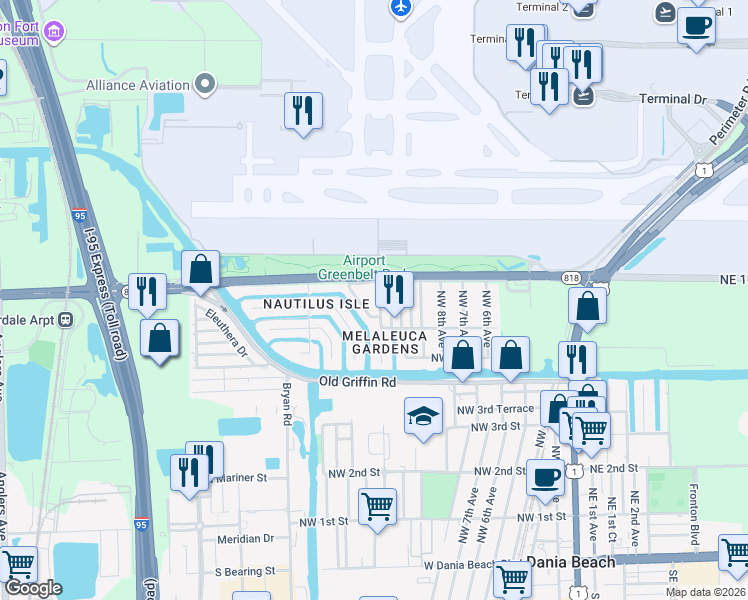 map of restaurants, bars, coffee shops, grocery stores, and more near 817 Northwest 12th Avenue in Dania Beach