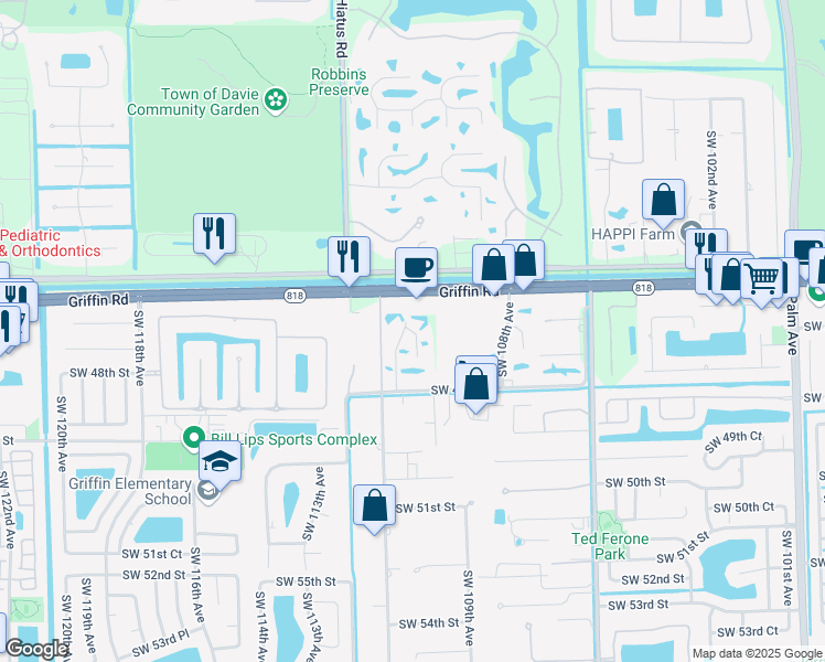 map of restaurants, bars, coffee shops, grocery stores, and more near 4650 Southwest 110th Avenue in Davie