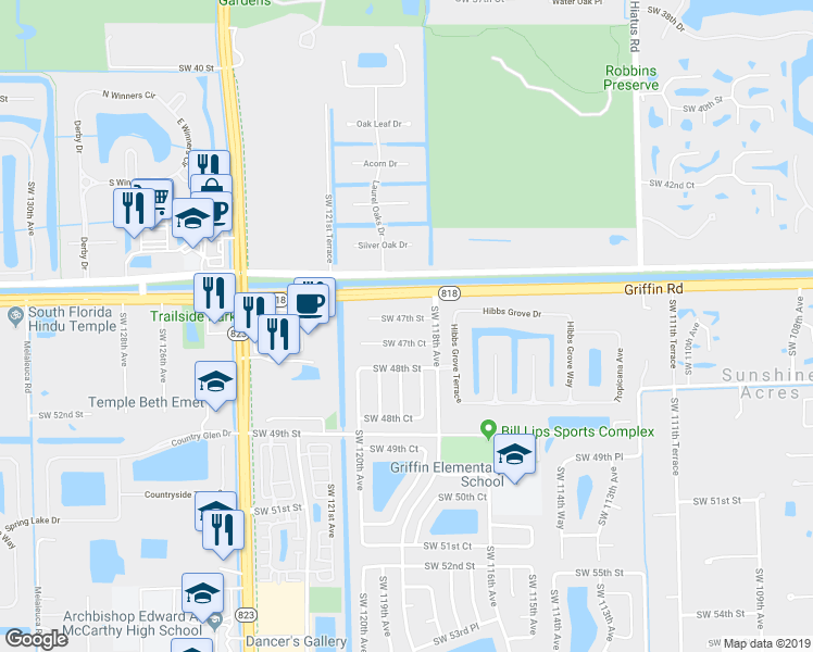 map of restaurants, bars, coffee shops, grocery stores, and more near 11880 Southwest 47th Street in Cooper City