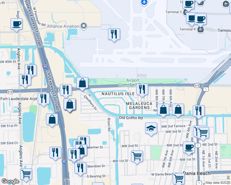 map of restaurants, bars, coffee shops, grocery stores, and more near 832 Northwest 14th Avenue in Dania Beach