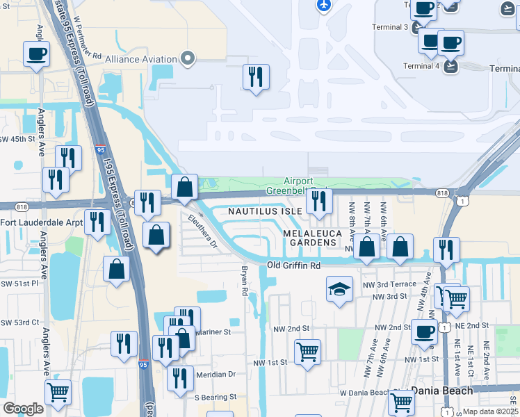 map of restaurants, bars, coffee shops, grocery stores, and more near 832 Northwest 14th Avenue in Dania Beach