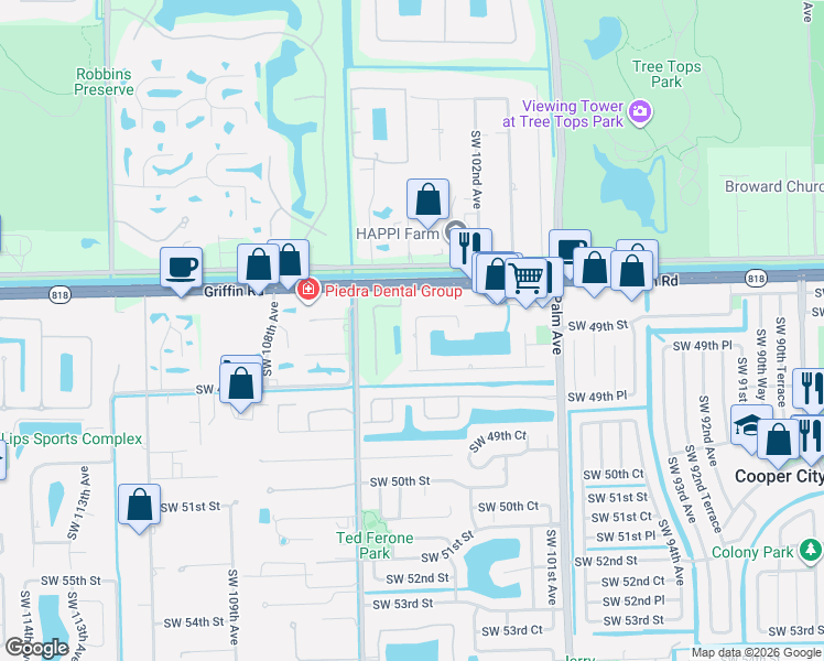 map of restaurants, bars, coffee shops, grocery stores, and more near 4857 Southwest 104th Avenue in Cooper City