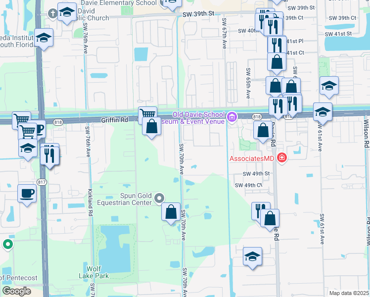 map of restaurants, bars, coffee shops, grocery stores, and more near 4750 Southwest 70th Avenue in Davie