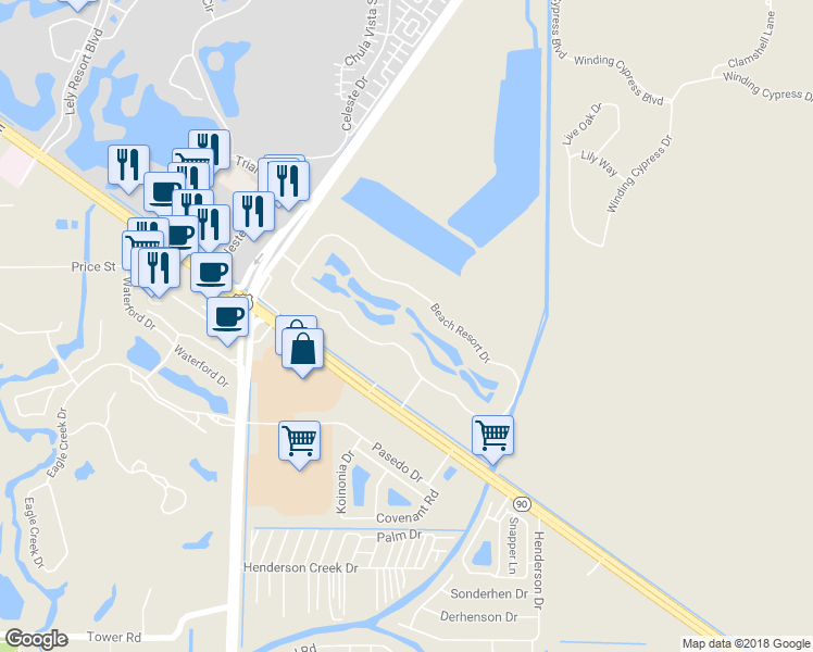 map of restaurants, bars, coffee shops, grocery stores, and more near 6780 Beach Resort Dr in Naples