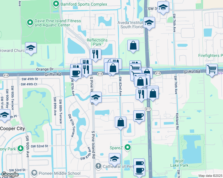 map of restaurants, bars, coffee shops, grocery stores, and more near 56 Palm in Davie