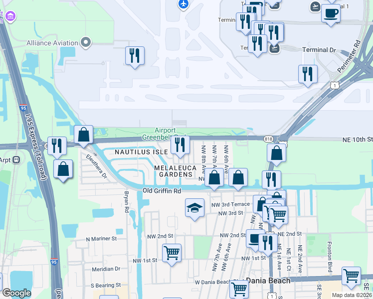 map of restaurants, bars, coffee shops, grocery stores, and more near 834 Northwest 10th Avenue in Dania Beach