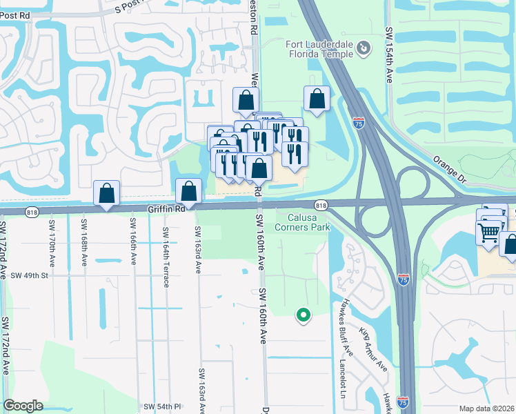 map of restaurants, bars, coffee shops, grocery stores, and more near 16000 Griffin Road in Southwest Ranches