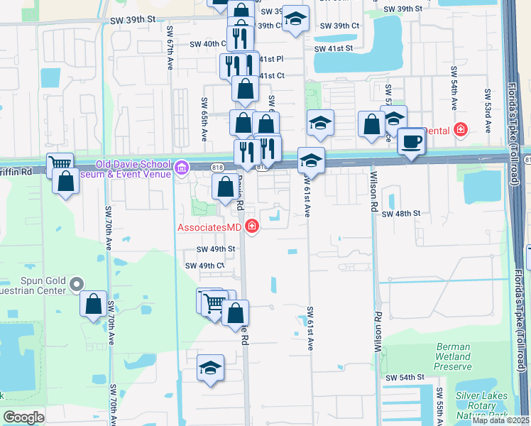 map of restaurants, bars, coffee shops, grocery stores, and more near 6235 Southwest 47th Manor in Davie