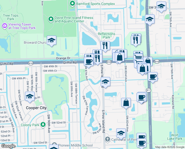 map of restaurants, bars, coffee shops, grocery stores, and more near 8677 Southwest 50th Street in Cooper City