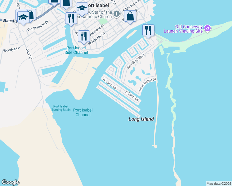 map of restaurants, bars, coffee shops, grocery stores, and more near 822 West Oyster Drive in Port Isabel