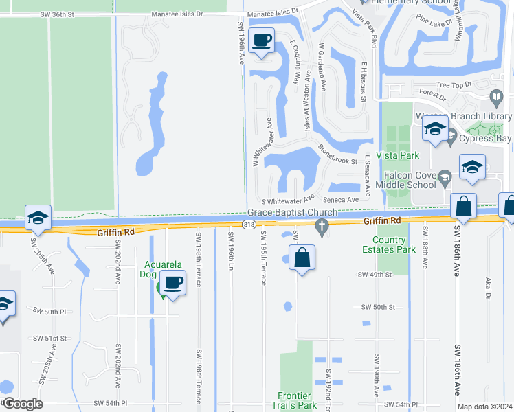 map of restaurants, bars, coffee shops, grocery stores, and more near 19548 South Whitewater Avenue in Weston