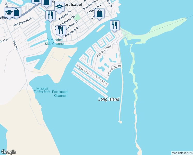 map of restaurants, bars, coffee shops, grocery stores, and more near 755 East Clam Circle in Port Isabel