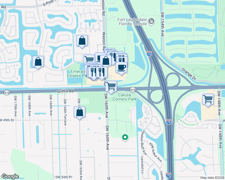 map of restaurants, bars, coffee shops, grocery stores, and more near 15900 Griffin Road in Southwest Ranches