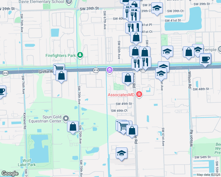 map of restaurants, bars, coffee shops, grocery stores, and more near 4728 Southwest 66th Terrace in Davie