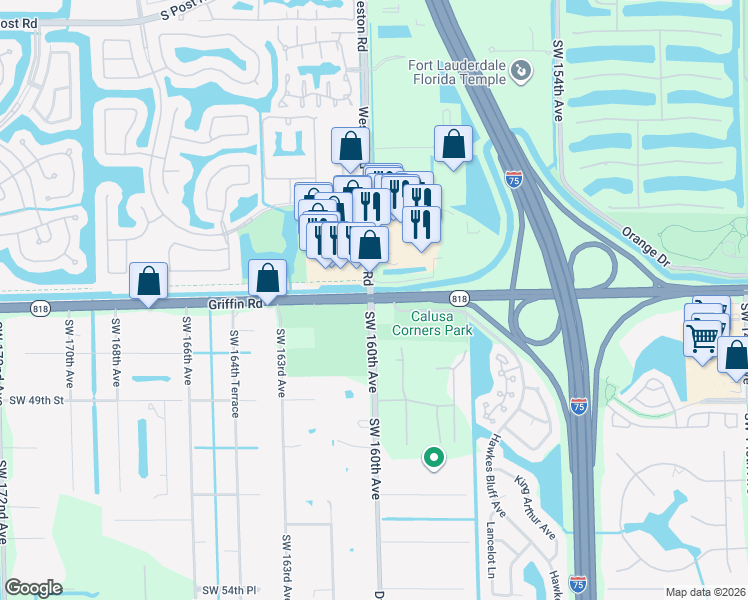 map of restaurants, bars, coffee shops, grocery stores, and more near 16000-16076 Griffin Road in Southwest Ranches