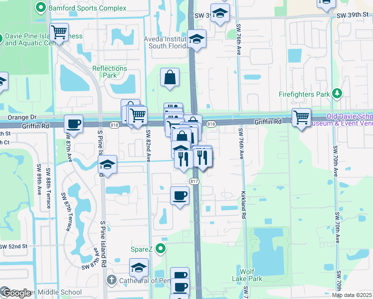 map of restaurants, bars, coffee shops, grocery stores, and more near 4741 South University Drive in Davie