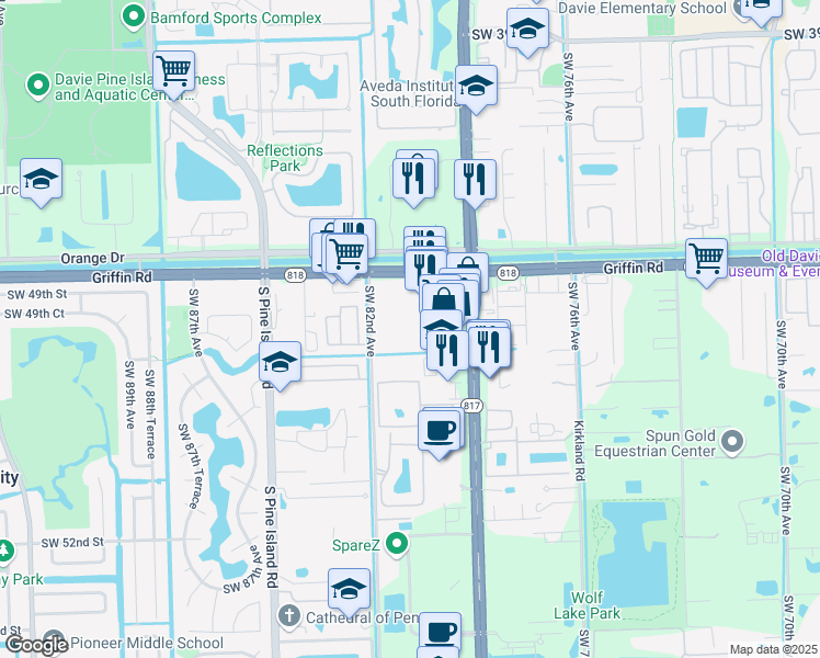 map of restaurants, bars, coffee shops, grocery stores, and more near 8160 Griffin Road in Davie