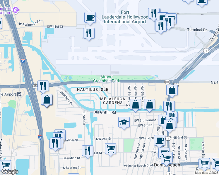 map of restaurants, bars, coffee shops, grocery stores, and more near 817 Northwest 12th Avenue in Dania Beach
