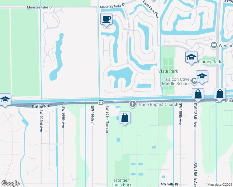 map of restaurants, bars, coffee shops, grocery stores, and more near 19446 South Whitewater Avenue in Weston